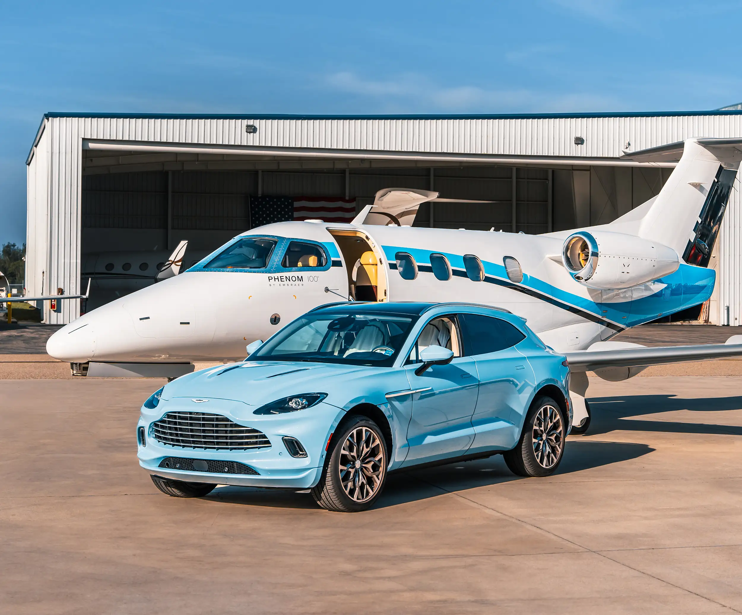 Jet and blue SUV